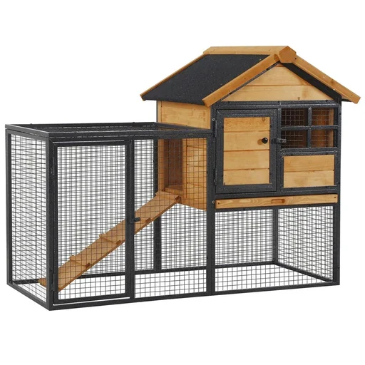 "Rabbit hutch raised pet house with lockable door outdoor wood-metal light yellow 122 x 63 x 92 cm image"