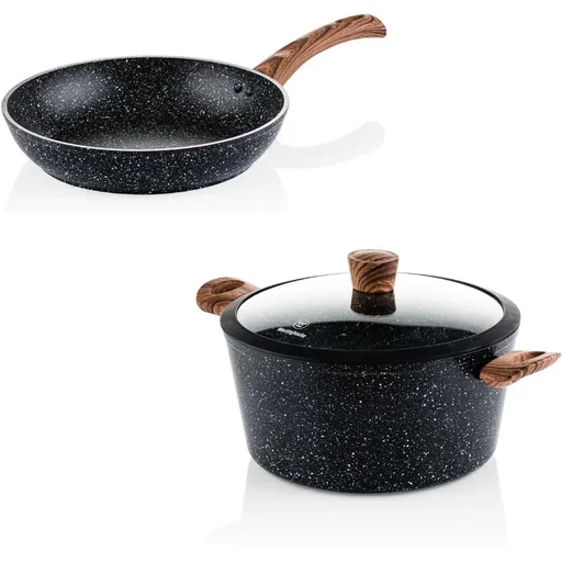 "Black Marble Wood Pots and Pans - Frying Pan 26 cm + Cooking Pan 28 cm - Black image"