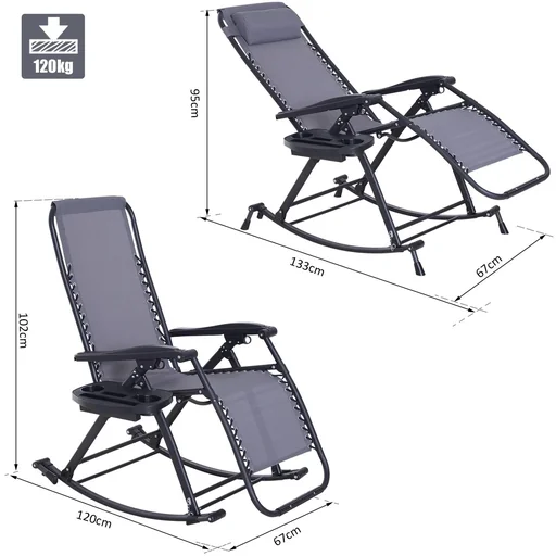 "Rocking chair, rocking lounger, swing chair, foldable, adjustable backrest with pillow, cup holder, grey, up to 120 kg image"
