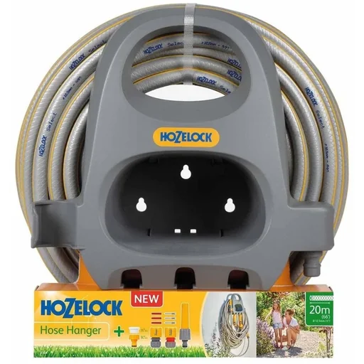 "Wall hose holder with 20m garden hose, coupling and garden sprayer image"