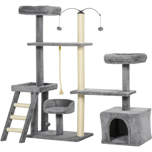 "Cats climbing a multi-tiered tree, dark grey image"