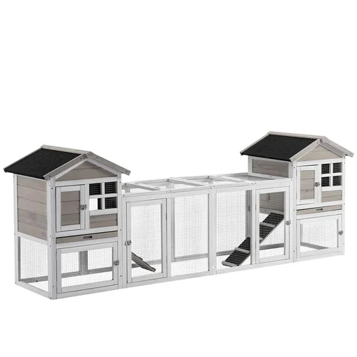 "Rabbit hutch combination XXL hutch with ramp two floors for 2-4 rabbits pinewood asphalt 259 x 64 x 92 cm image"
