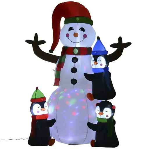 "Inflatable LED snowman with 3 penguins colorful image"