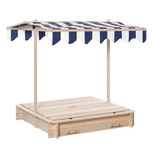 "Sandpit with removable roof, adjustable backrest, fir wood, 3-7 years, 106 x 106 x 121 cm, natural image"