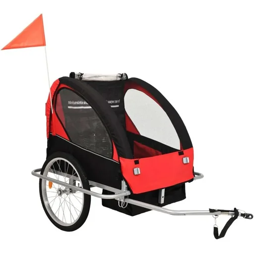 "Children's bike trailer and stroller 2-in-1 black and red image"