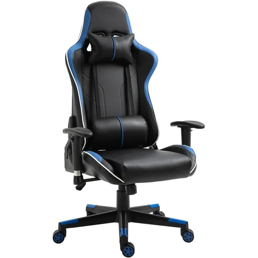 "Gaming chair ergonomically shaped blue, black image"
