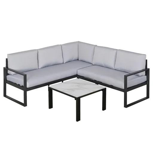 "3-piece garden furniture set, garden set, seating group with coffee table, sofa with cushions, outdoor, aluminum, gray image"