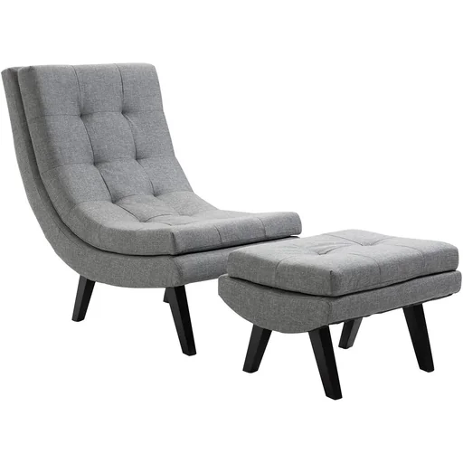 "Armchair with footstool, lounger, chaise longue, rubberwood legs, linen, grey, 65 x 100 x 84 cm image"