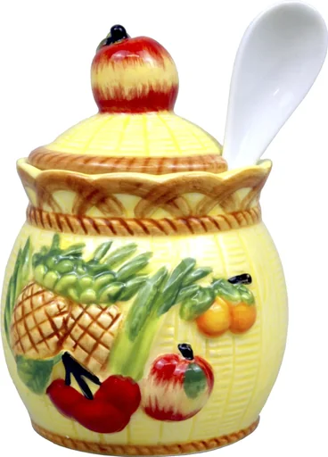 "Jam pot with lid and spoon, 10 portion packs of fruit spread (25 g each), 250 g image"