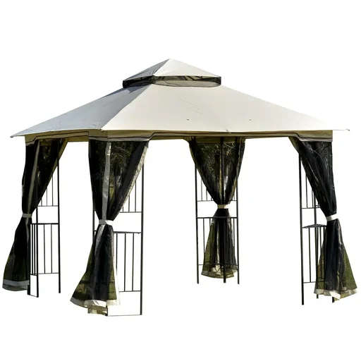 "Garden gazebo with double roof, gazebo, garden tent, marquee, party tent with 4 side walls, metal + polyester, beige, 3 x 3 x 2 image"