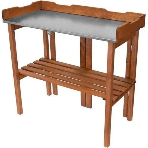 "Garden planting table with zinc sheet and wooden shelf - flower table - foldable - 94 x 40 x 86 cm image"