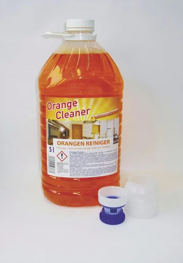 "Orange cleaner concentrate, 5L canister including dosing cup and tap image"