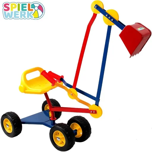"Metal toy excavator with flexible shovel and wheels - 360° rotatable image"
