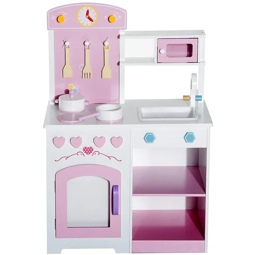 "Children's kitchen play kitchen with accessories stool wood pink image"