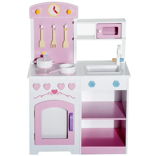 "Children's kitchen play kitchen with accessories stool wood pink image"
