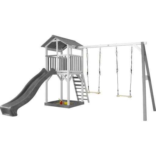 "Beach Tower play tower with double swing - grey slide image"