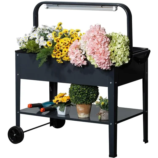 "Raised bed with LED light and wheels dark grey image"