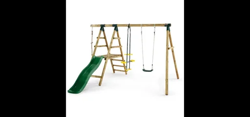 "Wooden swing set Meerkat, outdoor swing set, children, single swing, climbing rope, plate seesaw, slide, natural image"