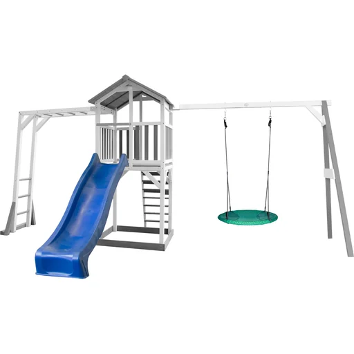 "Beach Tower play tower with climbing frame and Summer Nest swing - Blue slide image"