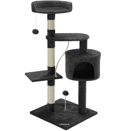 "Codoca scratching post dark grey with 3 viewing spots, 1 cave, 2 play balls and a rope image"