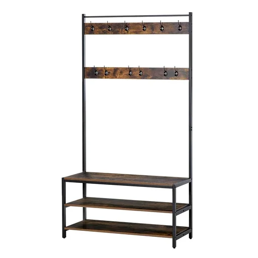 "Coat rack with 12 hooks and shoe rack, wall-mounted coat rack made of steel, brown and black, 100 x 40 x 184 cm image"