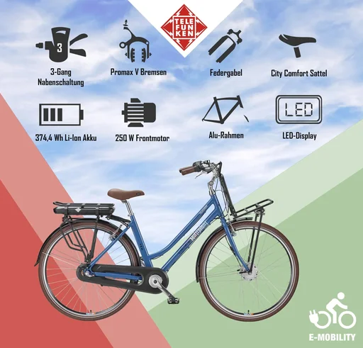 "Unisex aluminum city e-bike, 28 inches, 3-speed hub gear, blue, RT530 image"