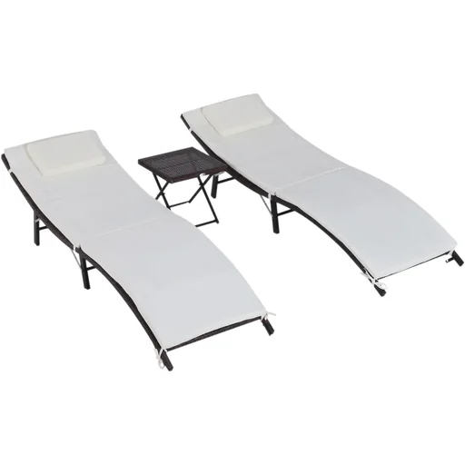 "Set of 3 sun loungers with table, garden furniture, polyrattan, foldable, brown, 196 x 61 x 53 cm image"