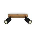 Vintage spotlight 2-bulb, black with wooden canopy, 2 x GU10 socket