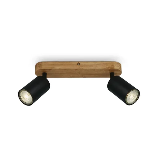 "Vintage spotlight 2-bulb, black with wooden canopy, 2 x GU10 socket image"