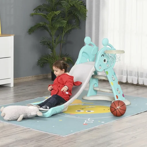 "Children's slide with basketball hoop, foldable toy slide with extended rear cushion, triangular structure, HDPE PP, light blue image"