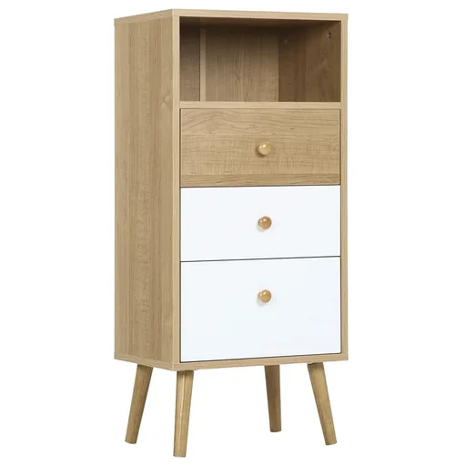 "Sideboard kitchen cabinet chest of drawers with 1 open compartment 3 drawers Scandi design natural+white 40 x 29 x 90 cm image"