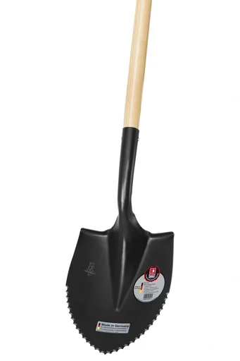 "Small spade, serrated edge, size 1, kick guard, hardened, black powder-coated, 120 cm ash handle image"