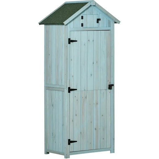 "Garden cabinet garden house tool shed tool shed with shelves asphalt roof window wood light blue+green 77 x 54.2 x 179 image"