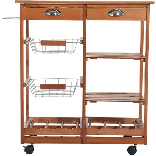 "Wooden kitchen trolley with 2 drawers and bottle rack image"
