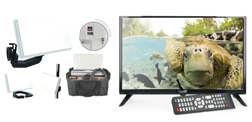 "Traveller Kit II TV Camping Set including 19-inch LED TV, flat satellite antenna image"