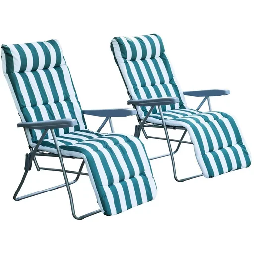 "2 x Garden Chair Sun Lounger Foldable 5 Positions Green/White image"