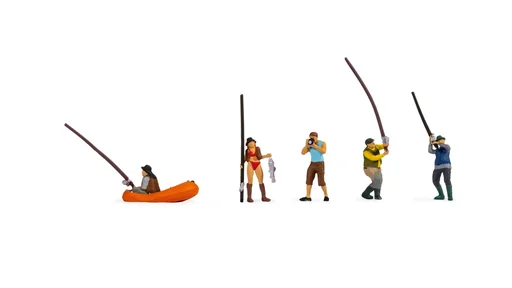 "Anglers, 1x angler in a small wooden boat, 4x anglers standing on the shore, H0 gauge image"