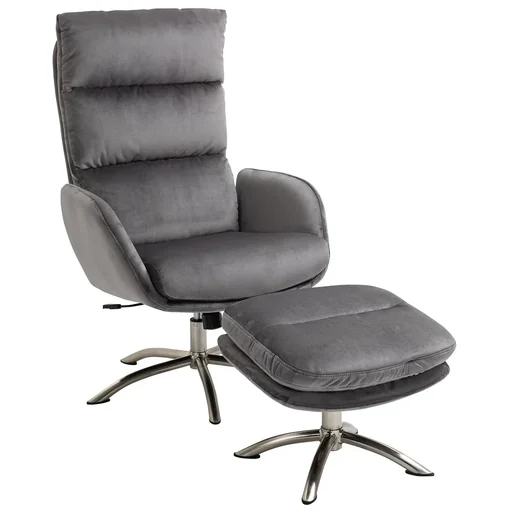 "Relaxing chair with stool TV chair with rocking function steel velvet grey+silver 68 x 74 x 107 cm image"