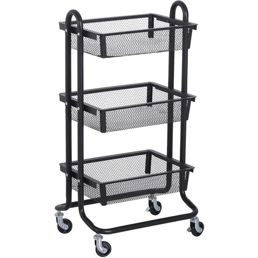 "Kitchen trolley kitchen shelf metal shelf all-purpose trolley all-purpose shelf 3x basket carbon steel black 47x38.5x89cm image"