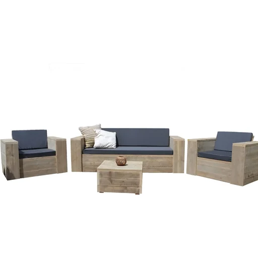 "Lounge set made of robust scaffolding wood, complete with sofa, chairs, table and outdoor cushions image"