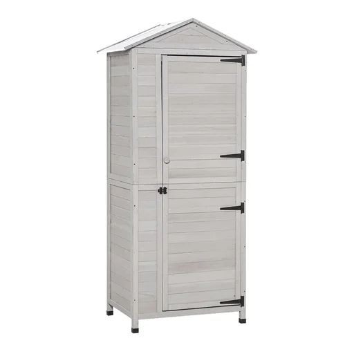 "Garden cabinet wooden tool shed garden house with shelves asphalt roof light grey 90 x 63 x 200 cm image"