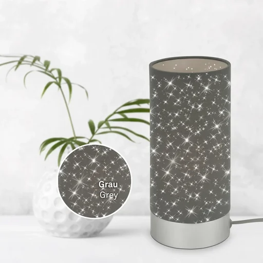 "STEA table lamp, matt chrome, grey fabric with star decoration, cable switch, E14 socket image"