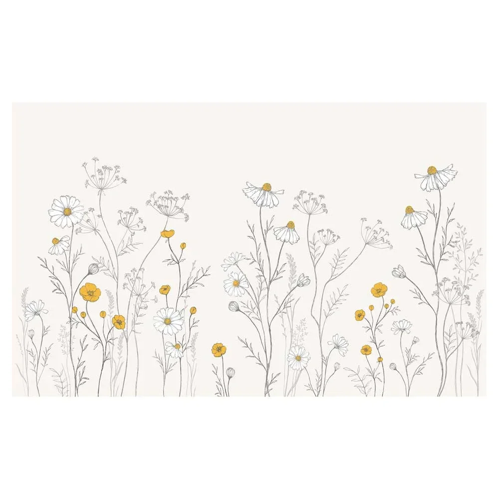 "Lilipinso Fleece Mural Reuze Wilde Bloemen met Kamille grijs mosterd geel image"