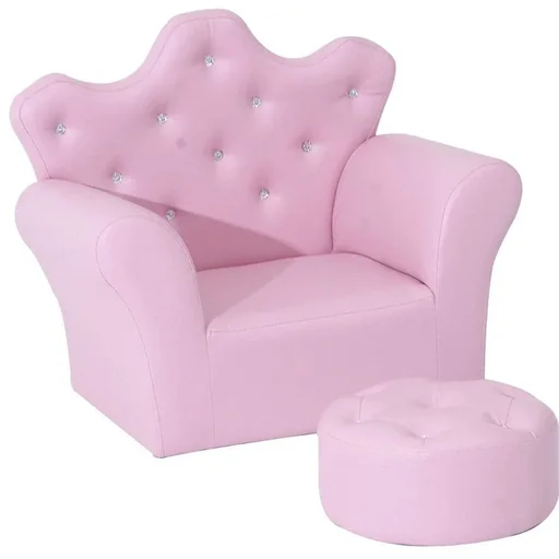 "Children's armchair Children's sofa Soft sofa with crystal buttons with stool Pink image"