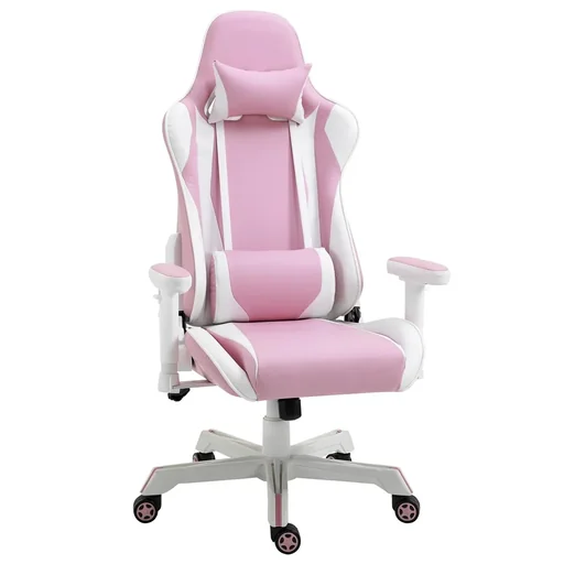 "Gaming chair with headrest lumbar cushion office chair height adjustable foam artificial leather nylon pink+white 71 x 73 x 128- image"