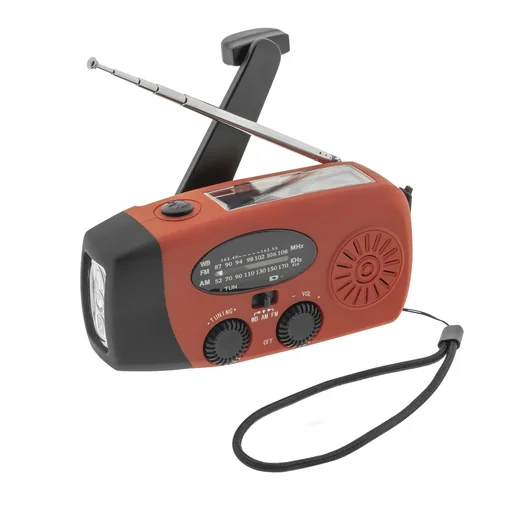 "Portable solar crank radio with flashlight, power bank function image"