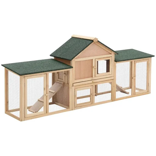 "Rabbit hutch, double-story rabbit hutch, rabbit cage with asphalt roof and outdoor enclosure, solid wood, natural, 210 x 45.5 x 8 image"