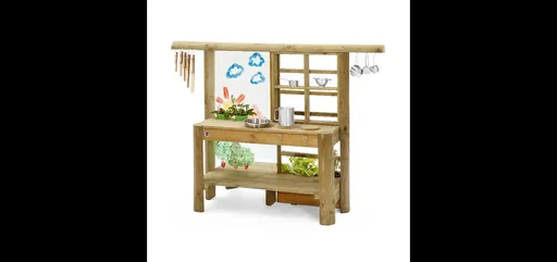 "Discovery Kitchen Outdoor play kitchen for children made of wood, plant pot, painting disc, wind chime, natural image"