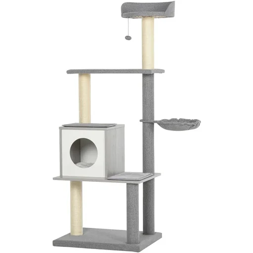 "Cat tree, scratching post and resting places, grey and white image"
