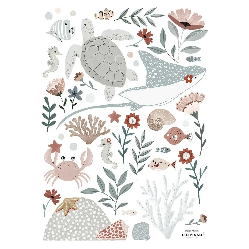 "Lilipinso muursticker A3 onderwaterdieren grijs blauw roze image"
